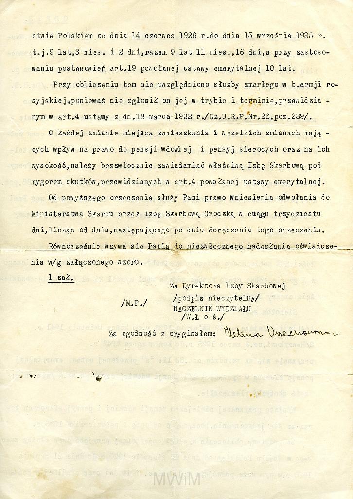 KKE 131-a.jpg - Odpis zaświadczenia o przyznaniu renty wdowiej Helenie Orzechowskiej